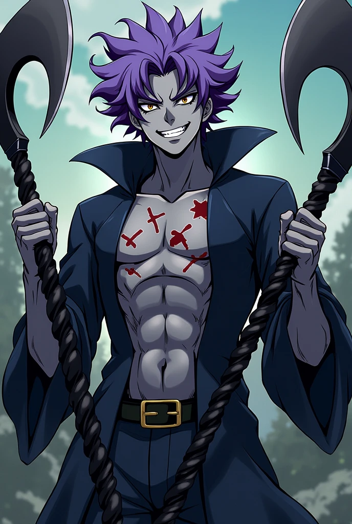 Kimetsu no yaiba anime line, A tall humanoid man with grayish skin, body cuts and purple hair, I have small eyes and a mischievous smile, holds two meat scythes in his hands