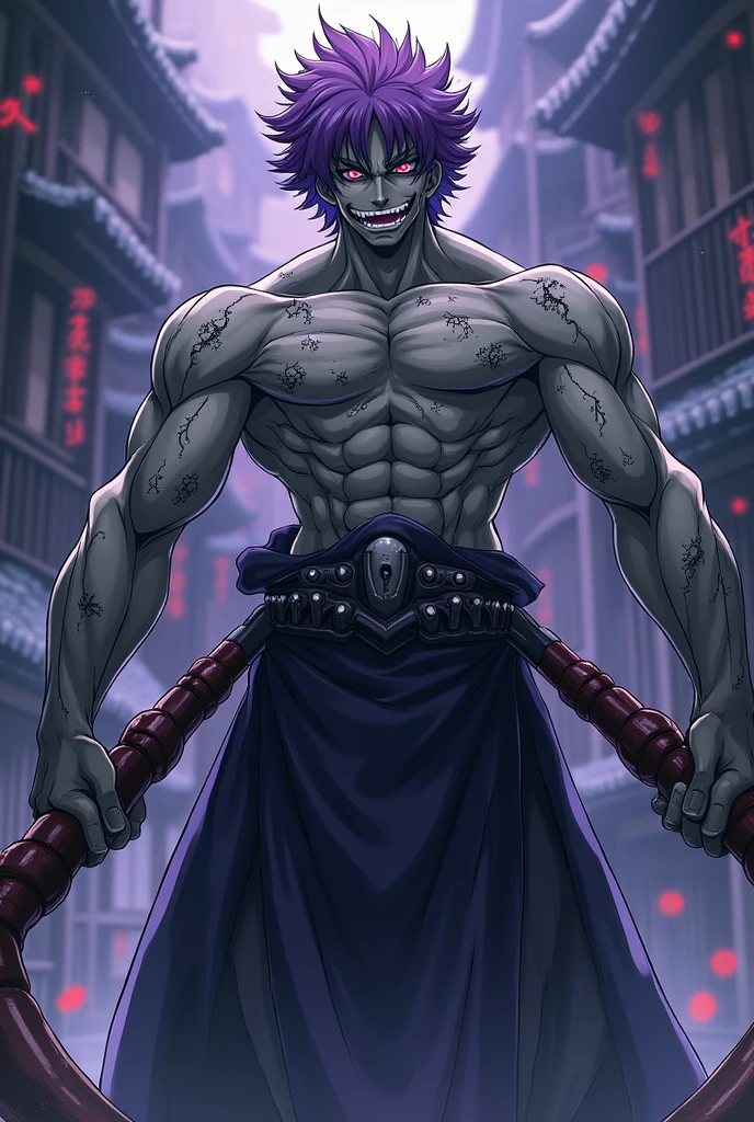Kimetsu no yaiba anime line, A tall humanoid man with grayish skin, body cuts and purple hair, I have small eyes and a mischievous smile, holds two meat scythes in his hands