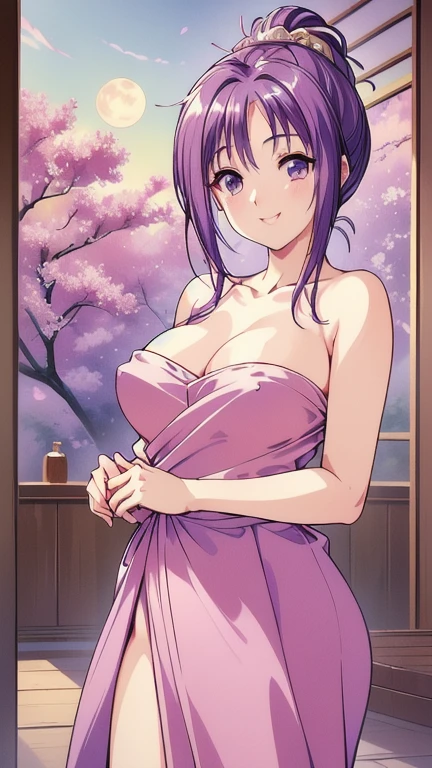 ((masterpiece, Highest quality, Highest quality, Official Art, beautifully、beautiful:1.2)),((masterpiece)),((Vibrant colors)),((Ayako Katagiri)),((A happy smile)),((Completely naked)),((looks fun)),,(Porch of the ryokan),(Nipples exposed),(full moon),(cherry blossoms),(2),(B Cup Bust)