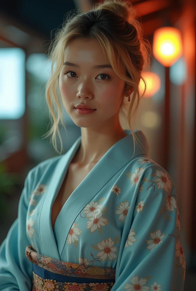 (masutepiece, Best Quality:1.4), Beautiful face, 8K, 85 mm, （light blue  yukata:1.4), floral pattern pataThe upper part of the body,  hカップ,Delicate girl, Solo, Night, Looking at Viewer, Upper body, Film grain, chromatic abberation, Sharp Focus, blondhair,Professional Lighting, Sophisticated, (Smile:0.4), cleavage, (Simple background, Bokeh background:1.2),wide shot,big breasts,reality,
