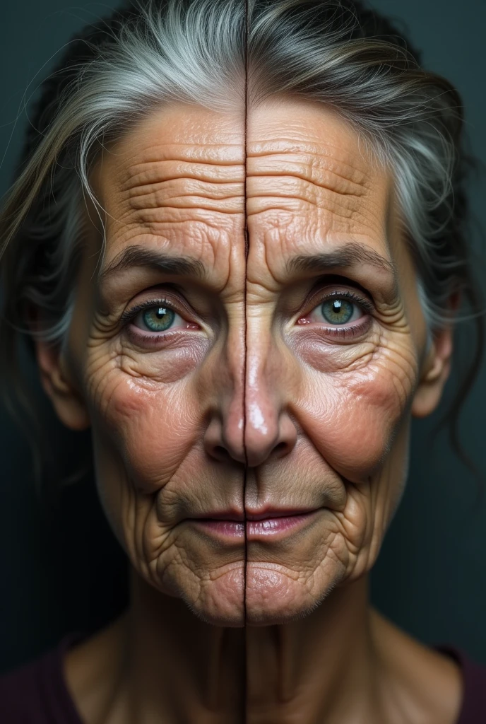 half of a woman's face with wrinkles that make her appear a little older and the other half without the aforementioned wrinkles, with a cleaner face