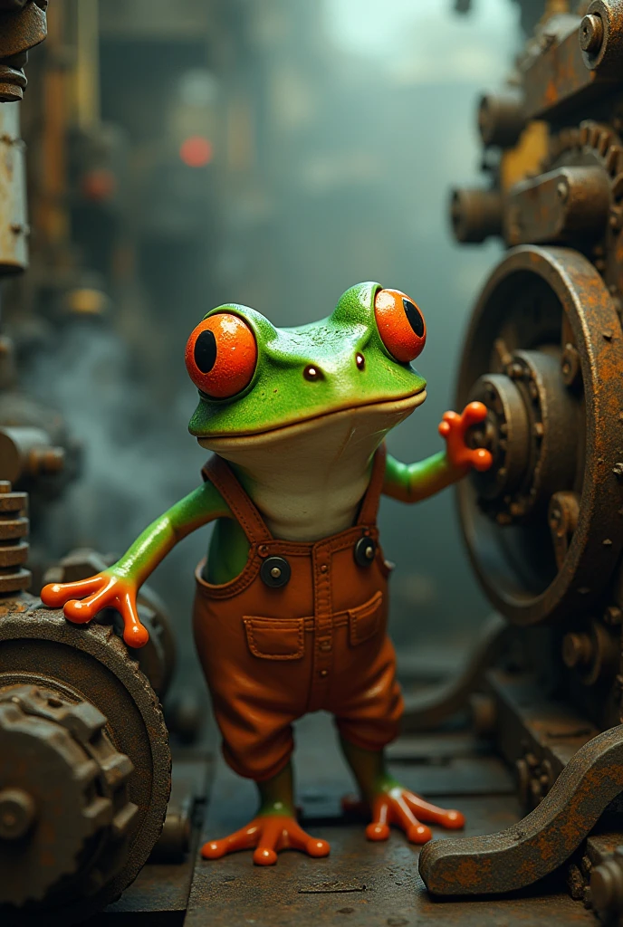 Retro Images,Storytelling,Tree frog,Ultra-realistic,high resolution,Frog working in a factory