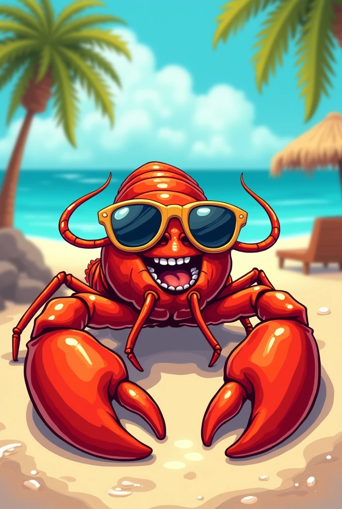 En style cartoon/ dessin animé comique.
Un homard bronzé avec des lunettes de soleil.