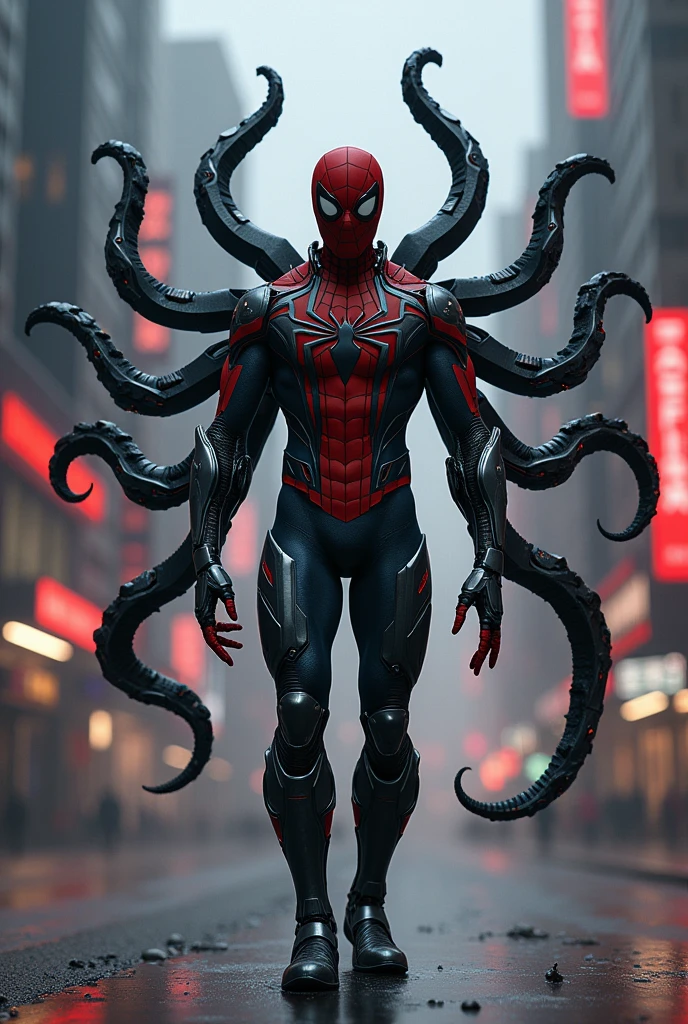Spider-man porte une armure fait de tentacules.