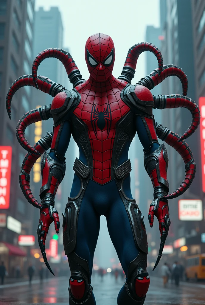 Spider-man porte une armure fait de tentacules.
