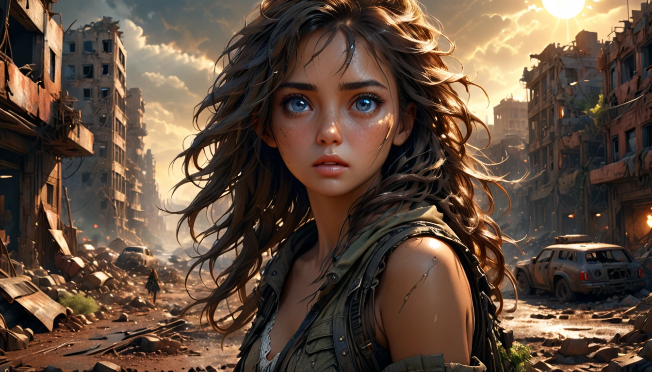 (((ultra realistic))) Photo, masterpiece, top quality, (sun tanned skin), (Ultra detailed face and eyes:1.3), 1 woman, A highly detailed photorealistic image, beautiful woman in the post-apocalyptic setting, torn dress, searching for love, detailed face, delicate features, big expressive eyes, lush flowing hair, dramatic lighting, highly detailed, cinematic, photorealistic, 8k, intricate, masterpiece, ruined_cityscape, distant_character, wasteland