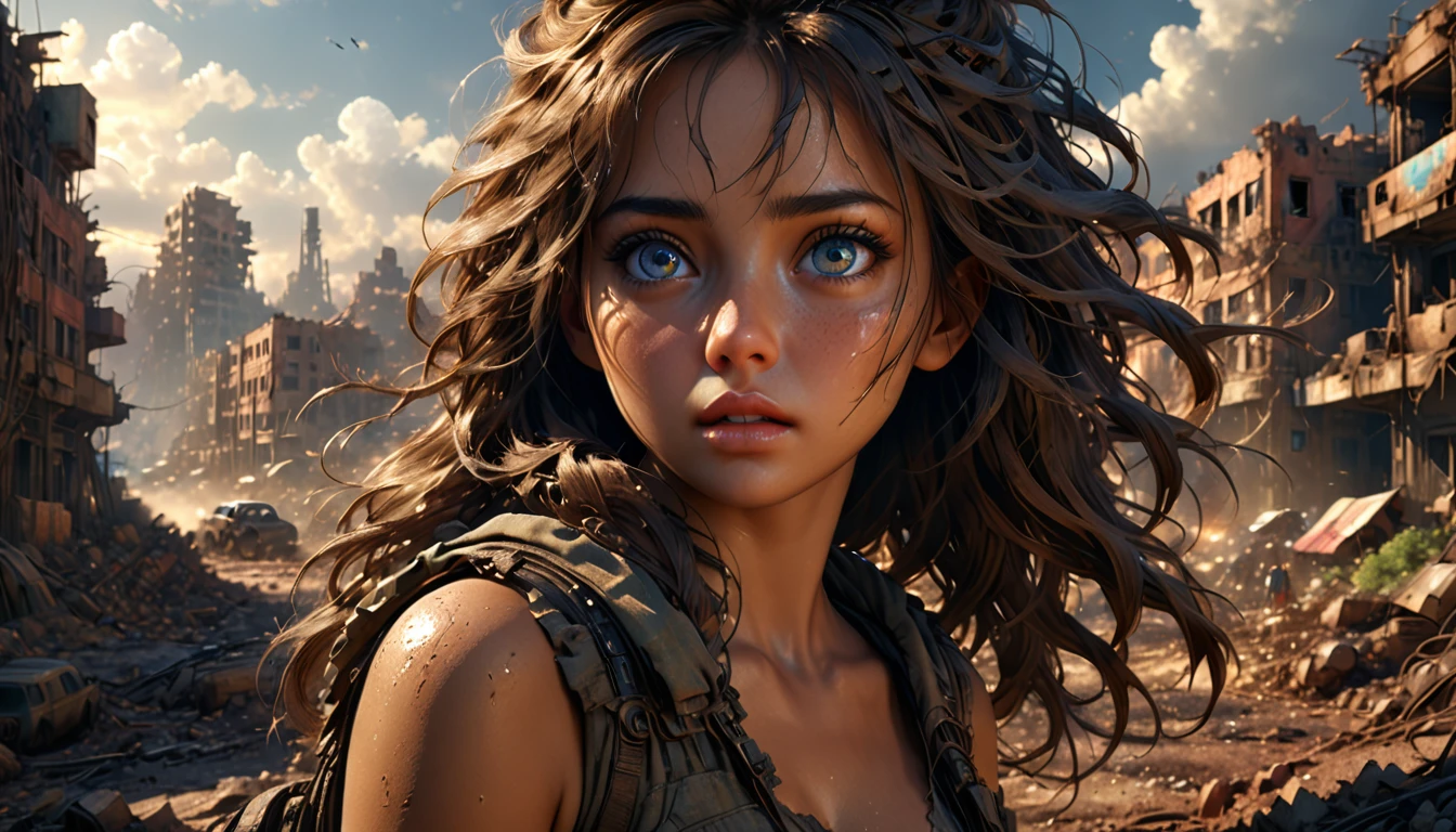 (((ultra realistic))) Photo, masterpiece, top quality, (sun tanned skin), (Ultra detailed face and eyes:1.3), 1 woman, A highly detailed photorealistic image, beautiful woman in the post-apocalyptic setting, torn dress, searching for love, detailed face, delicate features, big expressive eyes, lush flowing hair, dramatic lighting, highly detailed, cinematic, photorealistic, 8k, intricate, masterpiece, ruined_cityscape, distant_character, wasteland