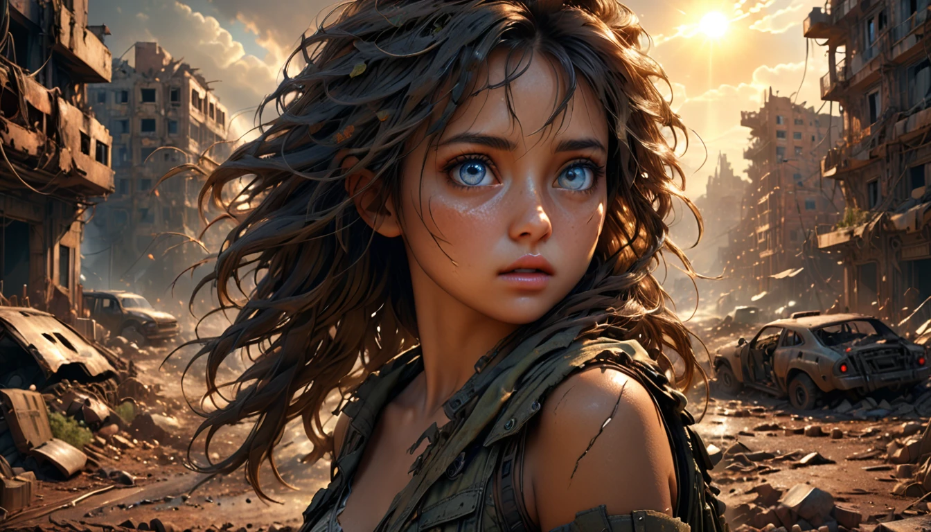(((ultra realistic))) Photo, masterpiece, top quality, (sun tanned skin), (Ultra detailed face and eyes:1.3), 1 woman, A highly detailed photorealistic image, beautiful woman in the post-apocalyptic setting, torn dress, searching for love, detailed face, delicate features, big expressive eyes, lush flowing hair, dramatic lighting, highly detailed, cinematic, photorealistic, 8k, intricate, masterpiece, ruined_cityscape, distant_character, wasteland