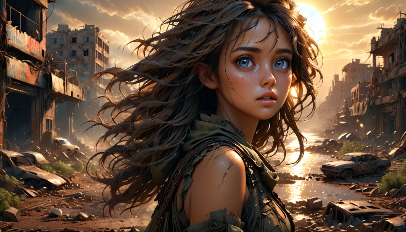 (((ultra realistic))) Photo, masterpiece, top quality, (sun tanned skin), (Ultra detailed face and eyes:1.3), 1 woman, A highly detailed photorealistic image, beautiful woman in the post-apocalyptic setting, torn dress, searching for love, detailed face, delicate features, big expressive eyes, lush flowing hair, dramatic lighting, highly detailed, cinematic, photorealistic, 8k, intricate, masterpiece, ruined_cityscape, distant_character, wasteland