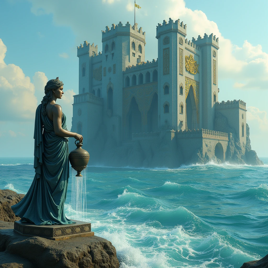 Make me an ultra realistic image. Make a castle from ancient Valyra built of bluestone with gold details emerging from the sea. There is a statue of an ancient Greek woman facing the castle. the statue is holding a jug and water is falling from the jug.