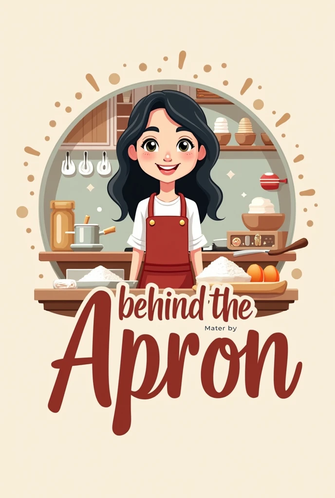 I wanna create a logo for my Instagram food blog called Behind The Apron. A cartoon of me, with fair skin and black hair, standing in front of a kitchen counter filled with baking ingredients. You could be surrounded by flour, eggs, and sugar.
I want it to say "Behind the Apron" in a bold font.