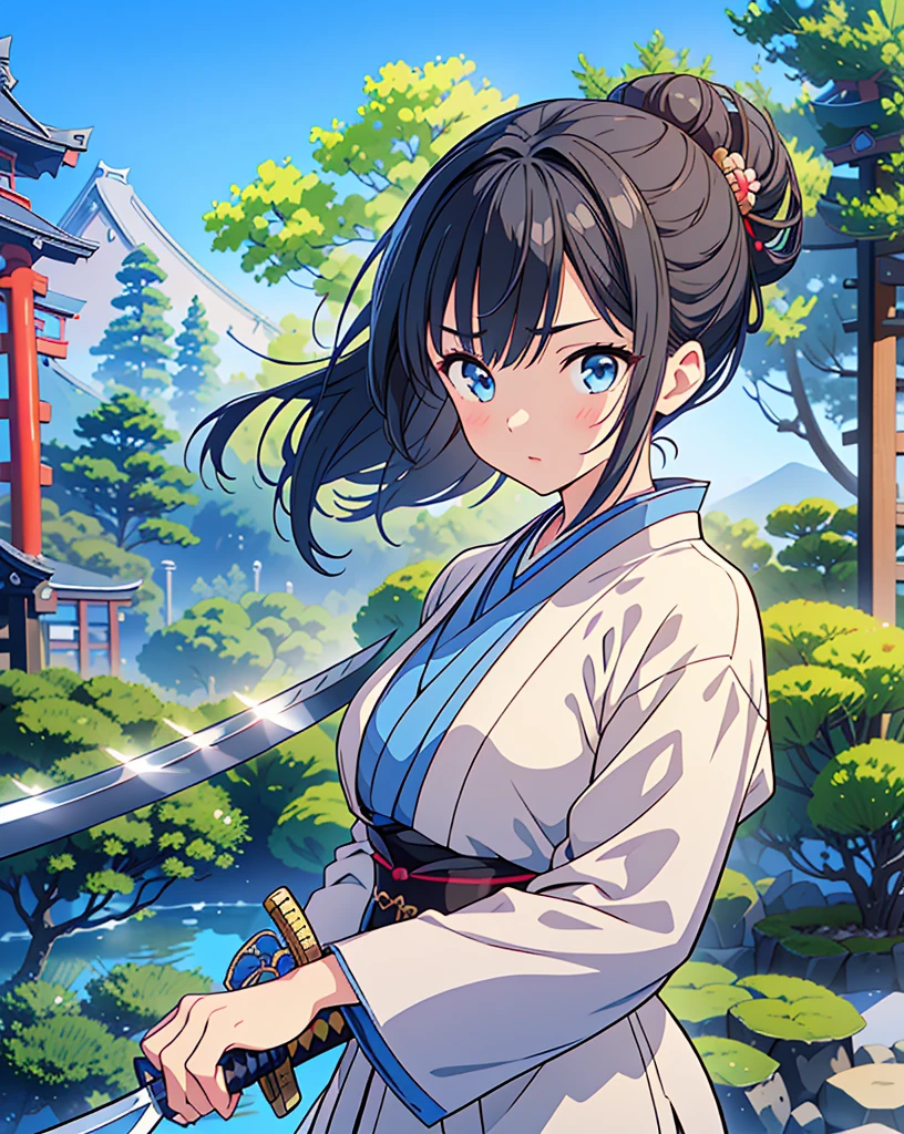 Highest quality, 32K, High resolution, masterpiece:1.5, One beautiful Japan girl,Illustration with anime touch, Rich emotional expression, An exceptionally beautiful face, Perfect Human Anatomy, Big light blue eyes, Motherhood and generosity, Deep Love, Wake up, Expressing emotions, Have a rich imagination, Cute Japan, Perfect Human Anatomy, Magical big eyes, decision, Powerful expression, Shiny black hair, Ponytail swaying in the wind, Asymmetrical bangs, Hair between the eyes, Transparent, soft white skin, Sharp eyebrows, Thin lashes, Detailed and cute lips, ((Detailed beautiful Japanese garden:1.2)), ((A swordsman wielding a Japanese sword:1.4)), ((Blue sky:1.1)), Slim figure, Beautifully detailed skies, mysterious