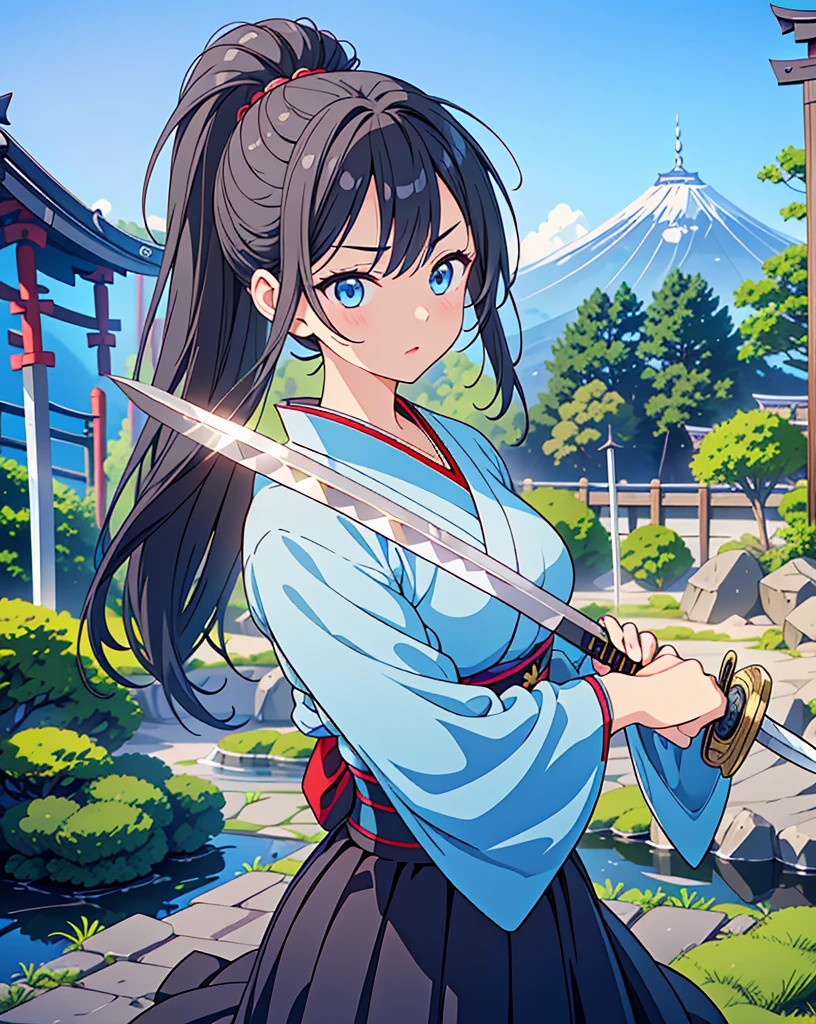 Highest quality, 32K, High resolution, masterpiece:1.5, One beautiful Japan girl,Illustration with anime touch, Rich emotional expression, An exceptionally beautiful face, Perfect Human Anatomy, Big light blue eyes, Motherhood and generosity, Deep Love, Wake up, Expressing emotions, Have a rich imagination, Cute Japan, Perfect Human Anatomy, Magical big eyes, decision, Powerful expression, Shiny black hair, Ponytail swaying in the wind, Asymmetrical bangs, Hair between the eyes, Transparent, soft white skin, Sharp eyebrows, Thin lashes, Detailed and cute lips, ((Detailed beautiful Japanese garden:1.2)), ((A swordsman wielding a Japanese sword:1.4)), ((Blue sky:1.1)), Slim figure, Beautifully detailed skies, mysterious