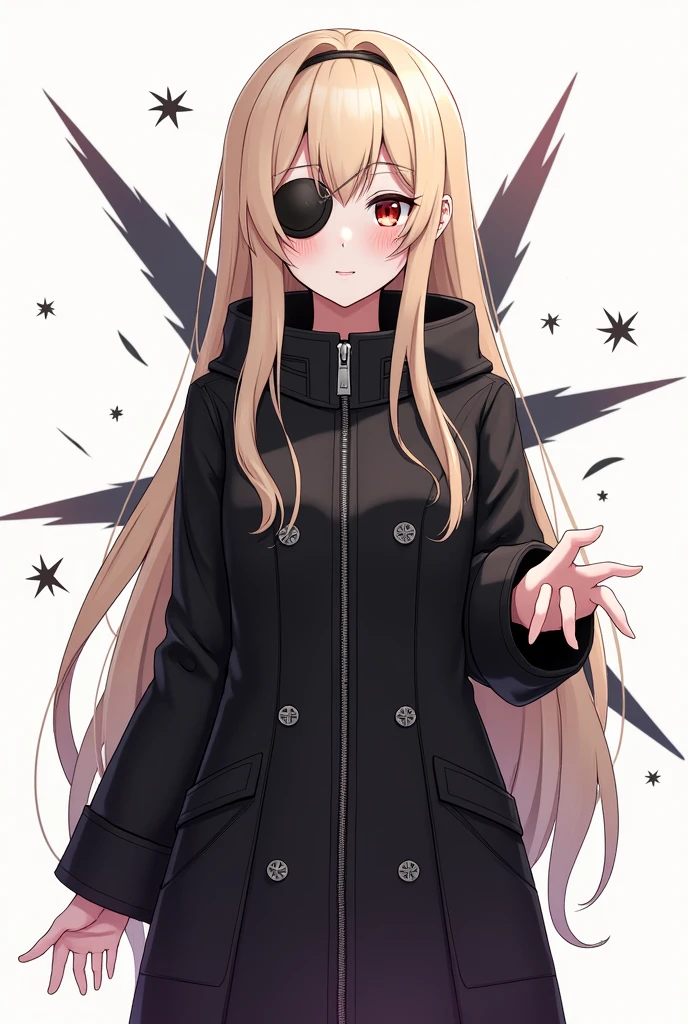 a cartoon image of a woman in boots, vector art by Ei-Q, pixiv, shin hanga, full_body!!, !!full body portrait!!, full body!!, anime moe artstyle, gapmoe yandere grimdark, full body!, anime vtuber full body model beige hair with an eyepatch black coat with front zipper closed, long hair Right hand out in front Background is white Game character art Collapse Star Rail