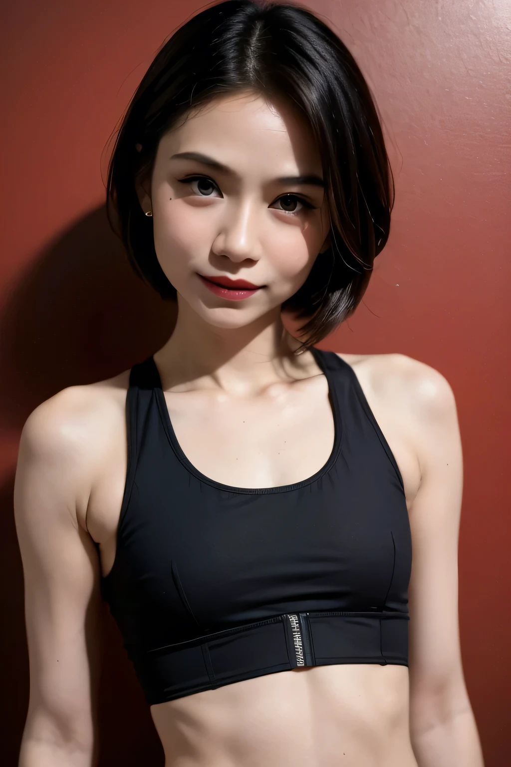 ((LIE DOWN)), (Wearing Swimsuit), (((SHORTHAIRCUT STYLE HAIR ))), masutepiece, High quality, UHD 32K, Realistic face, Realistic skin feeling , A Malay Lady, , , Very cute and baby-like face, (((FLAT CHEST:1.3))), (MATRIX WORLD), ((look In front at the camera and SADNESS)), ((())), (((CUTE GIRL))), ((BLACK LIPS)), ((WHITE PURPLE)), (undress). ((naked:1)), ((baby face)) (sports bra)