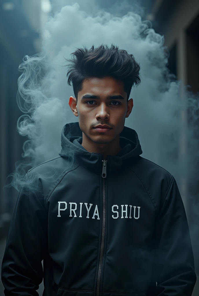 Create a 3D image of 20 year old young boy a teenager wearing a black jacket that says “Priyanshu” with smoke artistically forming a name Computer Photoshop editing frame.