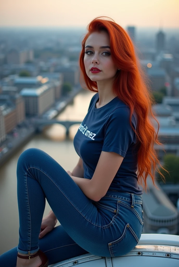 A 17 year ol woman persia hair long red sits at the London Eye. She was wearing a blue t-shirt that said "ANI DMEZ", tight jeans, high heels. The woman poses confidently, observing from above the entire city of London and the river Thames. Her make-up is heavy, with emphasis on her eyes and lips, the photo.the background is evening muka menghadap kamera