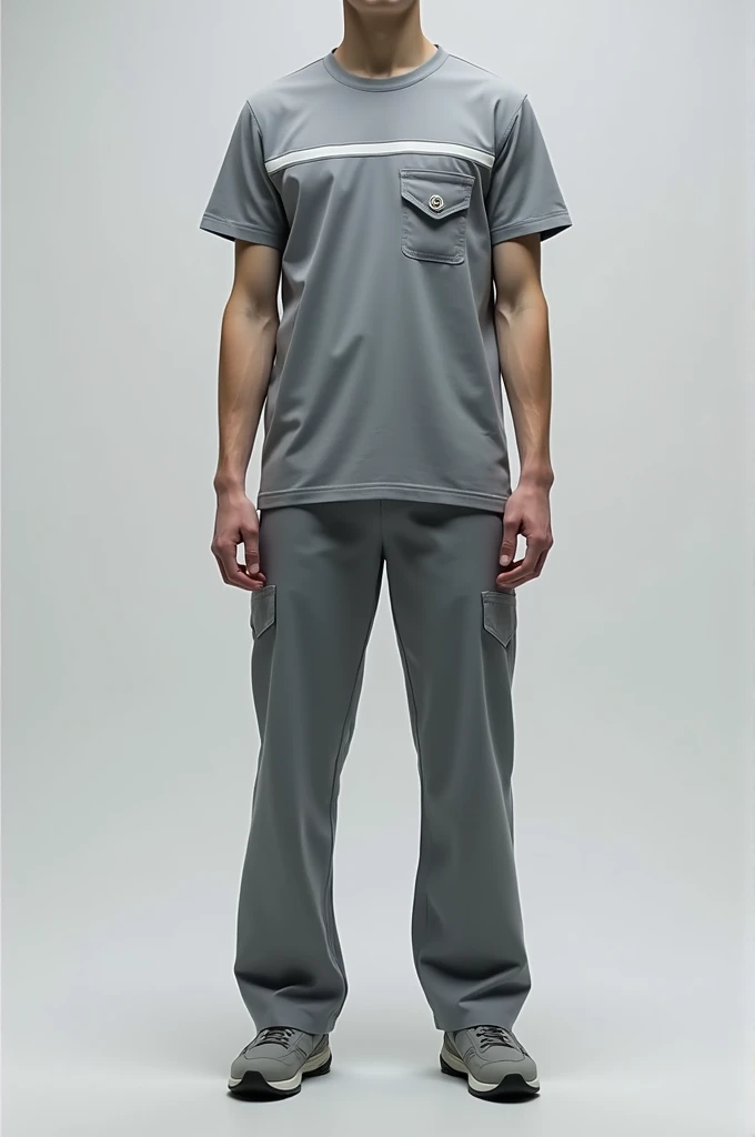 The uniform of electronic parts assembly department (smt) employees, colorful gray pants with a T-shirt with a gray line on the chest and a pocket on the chest.