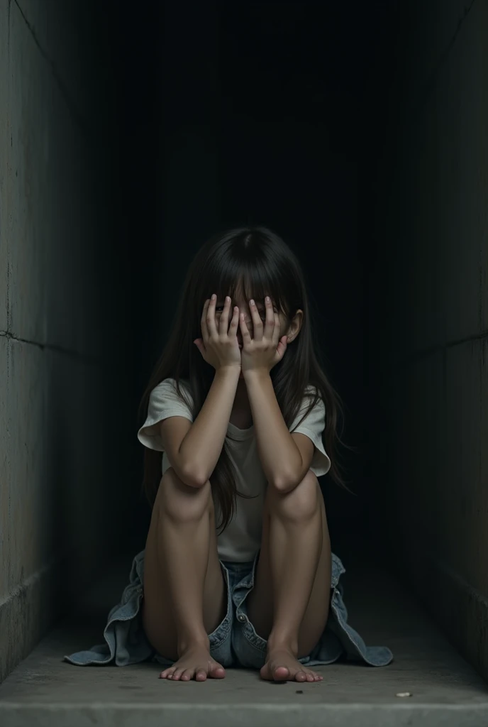 Generate an image of a young girl seated on the ground, leaning against a dark, rough wall. Her hands are raised in front of her face, fingers splayed, as if she’s trying to shield herself from an unseen danger. Her posture should express fear and helplessness. The background should be out of focus to direct attention to the girl’s hands and the subtle outline of her face. The lighting should be gentle but emphasize the hands and the contours of her face, capturing the overall mood of anxiety and fear.