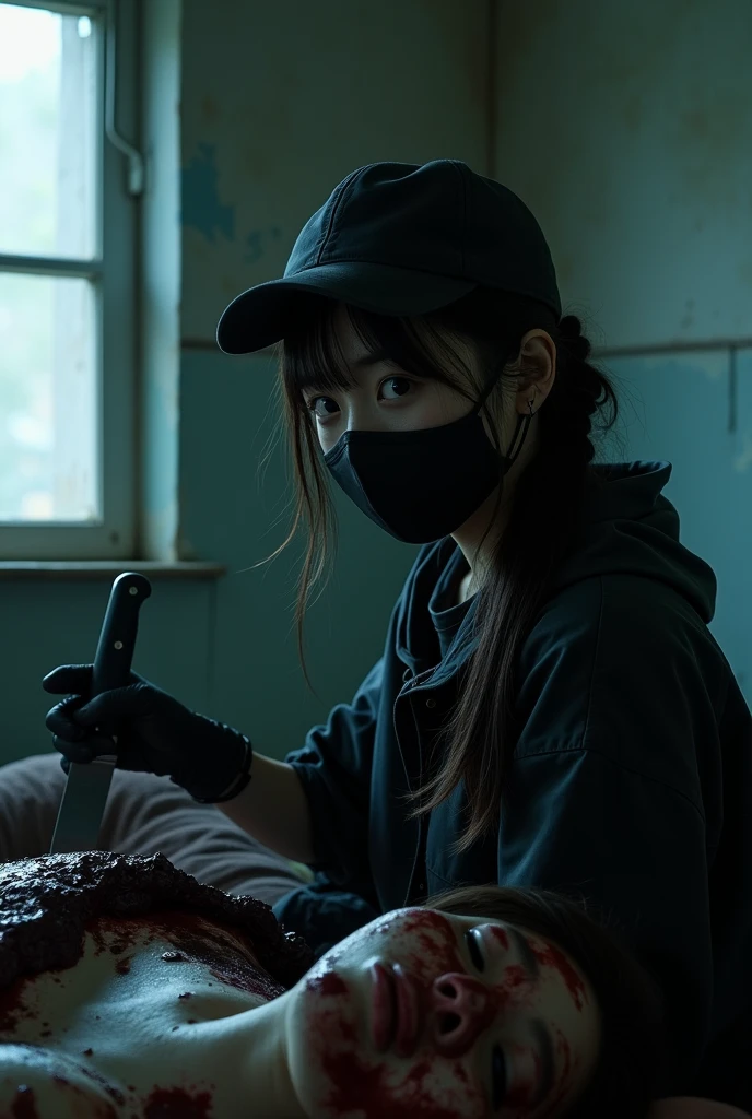 korean girl, (behind stiff, holding knife), stabbing, black surgical mask, black gloves, black raincoat, trucker hat, holding knife, black gloves, woman on top, behind cadaver, blood splatter, ???????, looking at viewer, mass murderer, killer, low ponytail, blood splatter, dark atmosphere, cinematic lighting, atmospheric realistic, light from the window,
