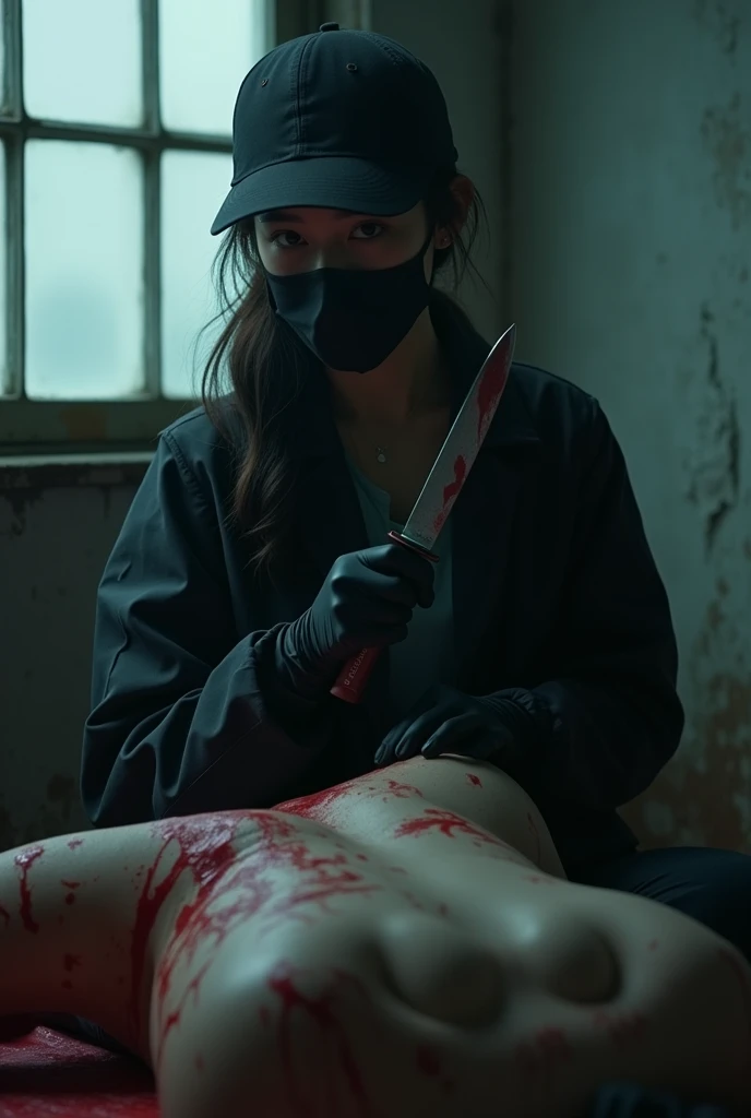 korean girl, (behind stiff, holding knife), stabbing, black surgical mask, black gloves, black raincoat, trucker hat, holding knife, black gloves, woman on top, behind cadaver, blood splatter, torture, looking at viewer, mass murderer, killer, low ponytail, blood splatter, dark atmosphere, cinematic lighting, atmospheric realistic, light from the window,
