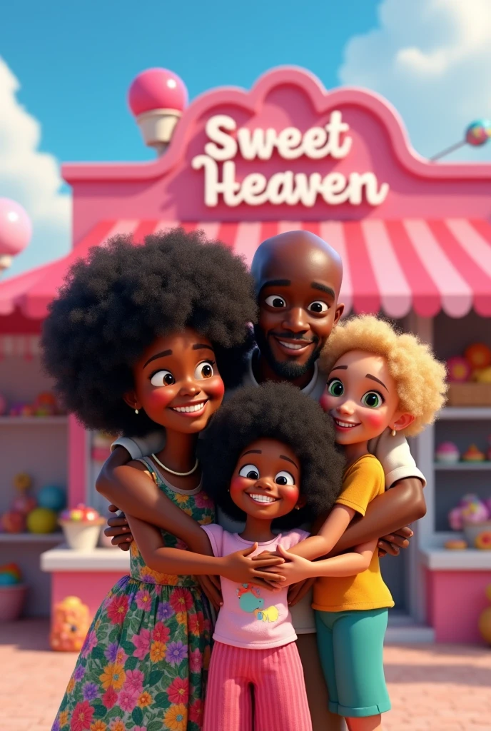 4 people,44 year old woman, black, cabelo blackw afro, height 1,52,Grinning, with a flower in her hair.flower dress.
8 year old child, black, cabelo blackw afro, olhos castanho escuro Grinning. Unicorn dress for 45 year old man, blackw, bald in front, with beard, social t-shirt, happy 22 year old woman, cor de pele black, blonde hair color, 
smooth ass,fine nose, Grinning. All hugging In the background the candy store says sweet heaven in Portuguese , sky realism, disney pixar. Store configuration