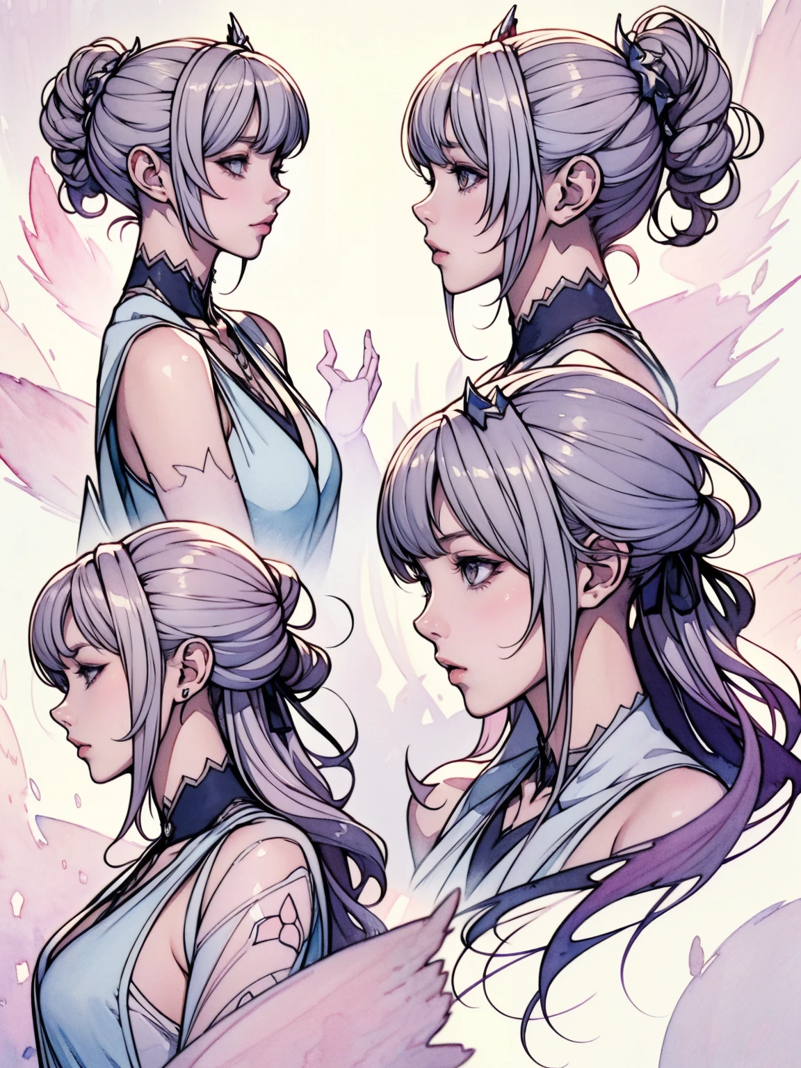 Reference Sheet, Character Design, Perfectly structured, (watercolor), Digital Illustration, Anime Style, Mysterious Princess of Darkness, Very detailed, Volumetric lighting, Cute pastel colors, Dynamic configuration, Sharp, clear images, (delicate, Majestic:1.2), Beautiful beyond words,