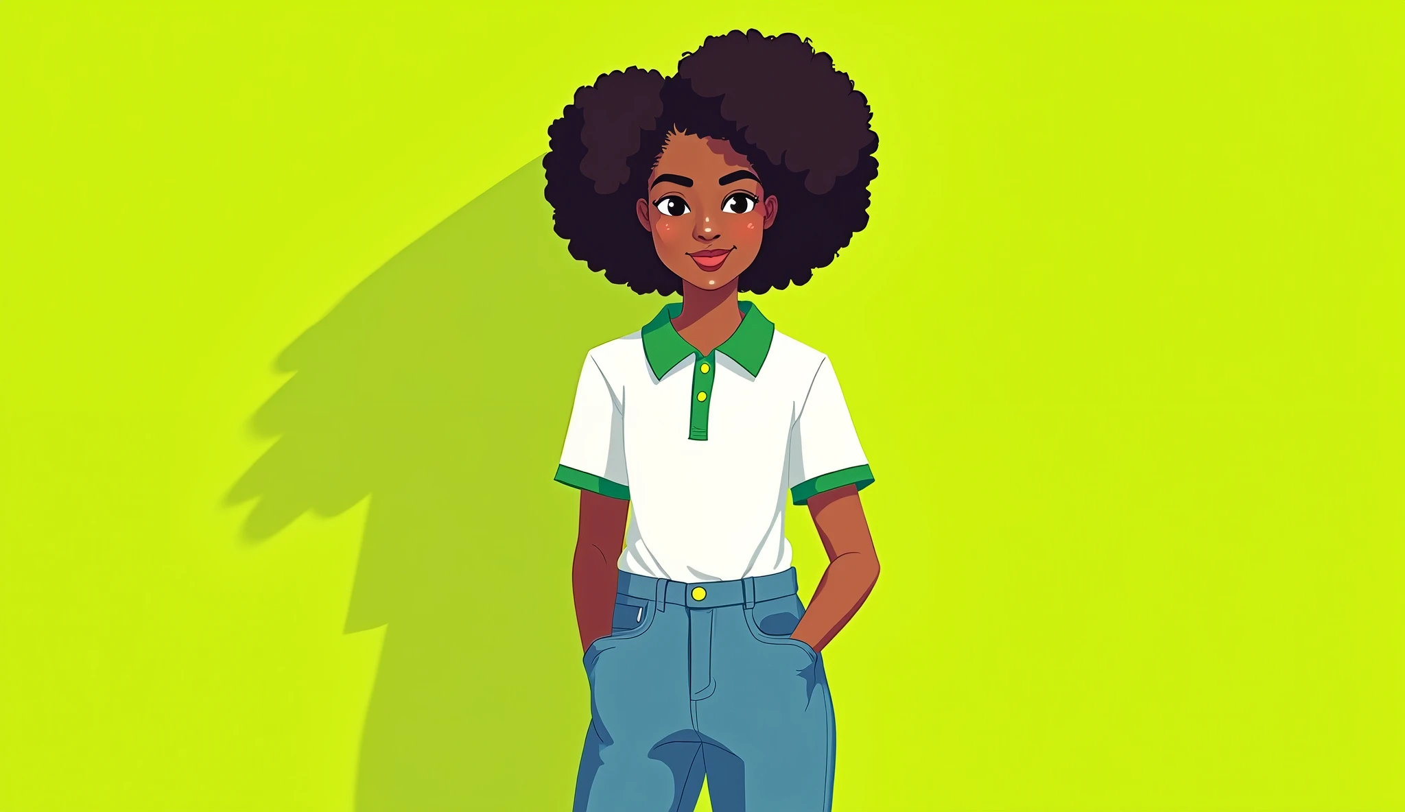 create a 2D flat design illustration of a 15 year old mulatto woman wearing a white polo shirt with green collar and sleeve tips, and jeans on a lime green background