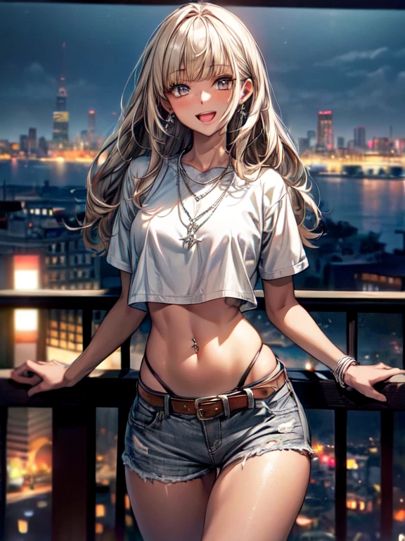 ((masterpiece, Highest quality, Very detailed)),
((natural cinematic lighting)),
One girl, 20 years old, gyaru, gal-style makeup, BREAK ((brown skin:1.3)), ((tanned skin:1,3)), ((blonde)), Long Hair, blunt bangs, wavy Hair, BREAK ((grey eyes:1.3)), ((slant eyes:1.3)),((thick thighs)), medium breasts,
((lots of pierced earrings, silver chain necklace, silver bracelet)), ((bare belly button, belly piercing)),
looking at viewer, cowboy shot,
smile, ((open mouth)),
random porn pose,
BREAK ((boyfriend size white cropped shirt)), necklace, BREAK (blue denim shorts with a brown belt),
(beautiful scenery), (panoramic view:1.3), ultra-wide angle lens, ((Night City:1.3)), city, lanterns, street, (neon lights:1.1), starry sky overhead, (public:1.2),