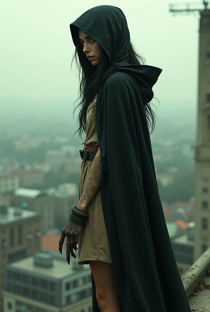 Wild woman in simple knee-length hippie dress, wearing a black hooded robe, your hair comes out in front. She has greenish-yellow eyes and sharp claws.. Standing looking at the city from the top of the building