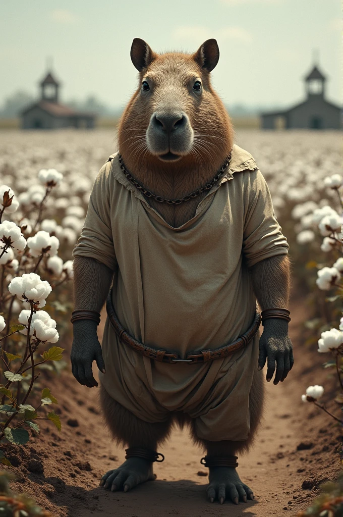 A capybara dressed as a slave in a cotton field
