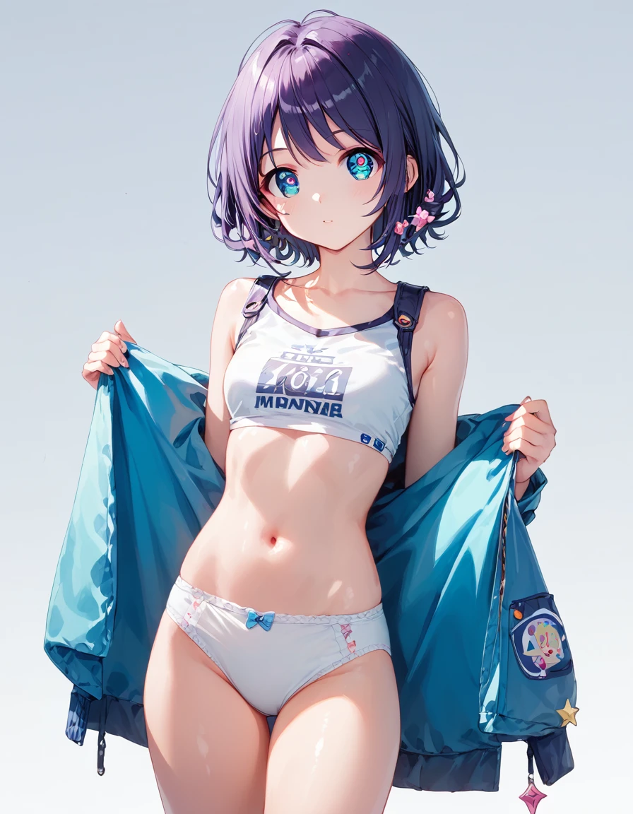 score_9, score_8_superior, score_7_superior,sauce_anime, High-resolution images,masterpiece,Highest quality,,Cute Face,Beautiful Skin,Shiny Hair,Highly detailed eyes,Simple Background, Jojipan, panties、Idol、18-year-old、kawaii,cute,