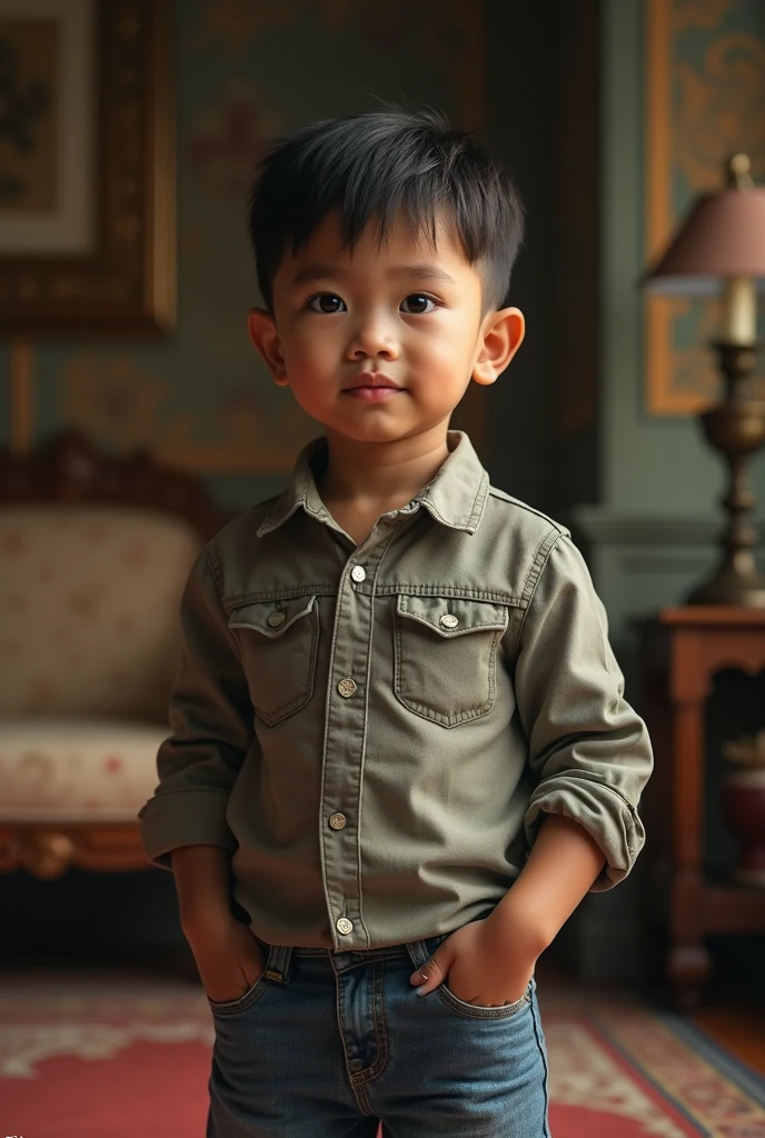 indonesian boy (2), look at the viewer, realistic photograpy, standing hand inside his pocket, in the decorative indoor studio, cinematic, hyper realistic, super detail, HD 8K.