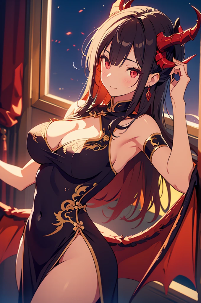 2,A beautiful woman,Beautiful breasts,Moe,Succubus,bat wings on the back,,Dragon horns on the side of the head,China dress,royal palace