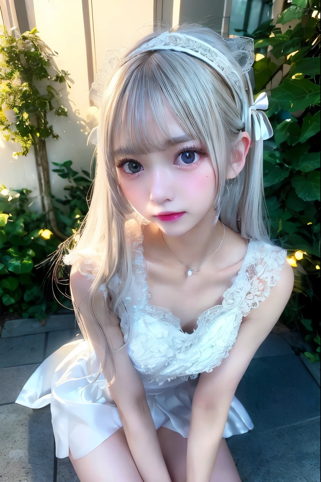 1 girl, white onepiece dress, silver straight hair, blonde, medium long hair, headband Lace with white ribbon, she is AYA MIYABI, 2, Bishojo, looking at viewer, she is famous Japanese idol, kawaii, (mascara), eyeliner, almond eye, natural eyebrows, thin lips, Natural color lip, extremely detailed skin, fair skin, smile, cute, realistic face, slender face, beautiful skin, flat chest, clavicle, slender body, Forehead, delicate thighs, skinny legs, lean legs, Best quality, (8k, RAW photo, best quality, childish face, masterpiece:1.2), ultra-detailed, (realistic, photo realistic:1.37), high detail RAW color photo, an extremely delicate and beautiful, extremely detailed(Selfie:1.1), finely detail,