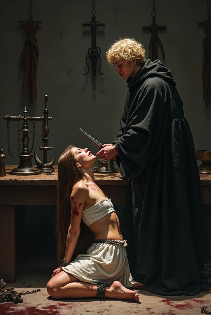 Cadre : dans une piece sombre il y a avait une table en bois avec plein d instrument de torture du moyen Age. Des fouets accrochés au mur.
Fille: elle est a genoux les poignets attachée ensemble par des chaînes . Elle a les cheveux lisse chatain claire mi long et raide. Ca robe blanche etait sale et troué avec des traces de de sang elle avait des bleus sur les bras et les genoux son visage etait crispé de douleur
Bourreau : c'etais une femme habillée avec une cape noir elle avait les cheveux court blond et bouclees elle menace sa victime avec un couteau Son visage etait dur et froid elle prenait du plaisir a faire souffrir