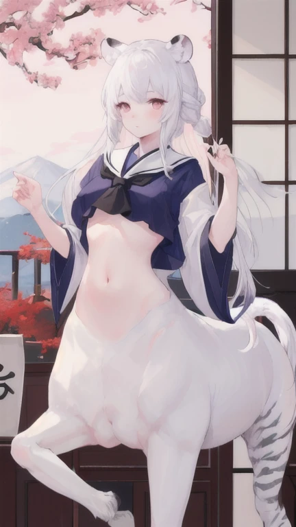 (best quality, masterpiece), 1 girl, centaur, I beg, White skin, Japanese schoolgirl, daughter, black pink, exposing the abdomen, nudity , beautiful girl perfect, White tiger photo, 완벽한 White tiger photo