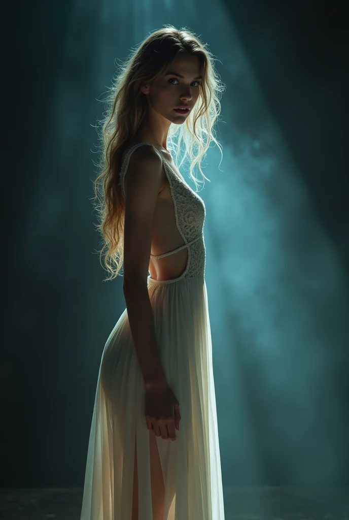 Woman with beautiful white teeth in a thin, long dress that shows her naked body due to the backlight. Realistic photo 8K