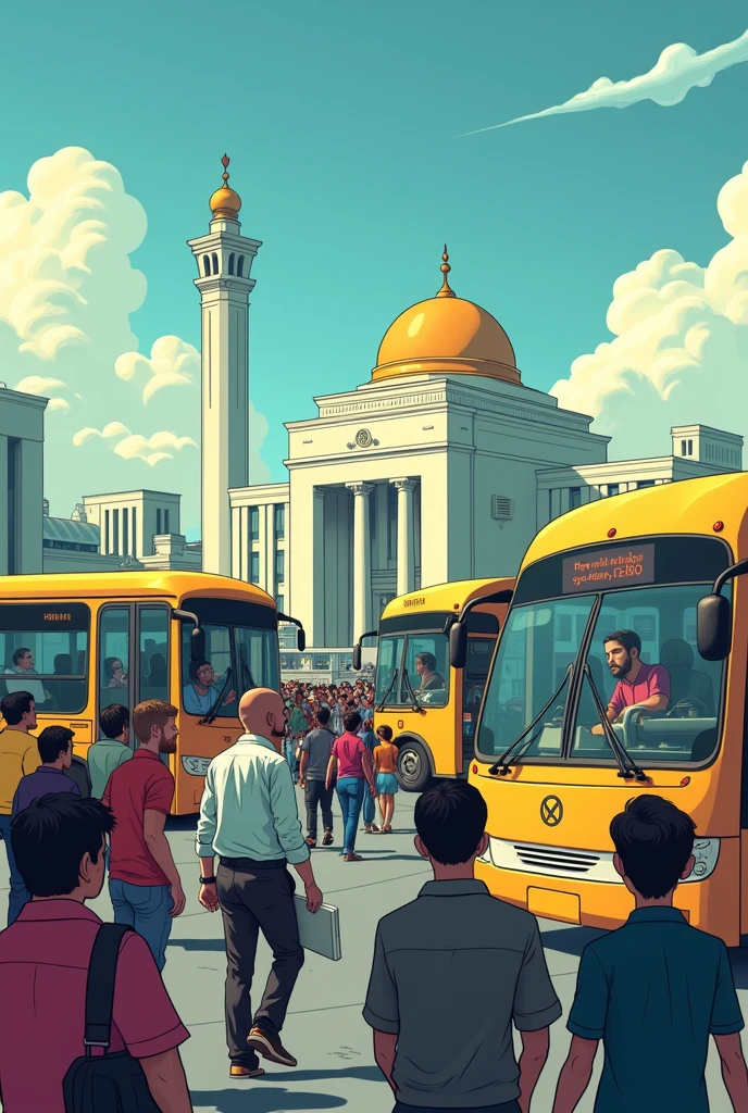Create a queue of stopped buses with a system error and an IT technician trying to fix it and several people around demanding payment , with a characteristic in the center of Brasilia placing the Planalto Palace at the bus station of the pilot plan in Brazil, use the same image in the background buildings in Brazil,  the technician with pc in hand trying to fix it. Written on the Pioneer bus the color of the bus is light yellow , image at the bus station the technician in gabi near the driver,  cartoon humor 
