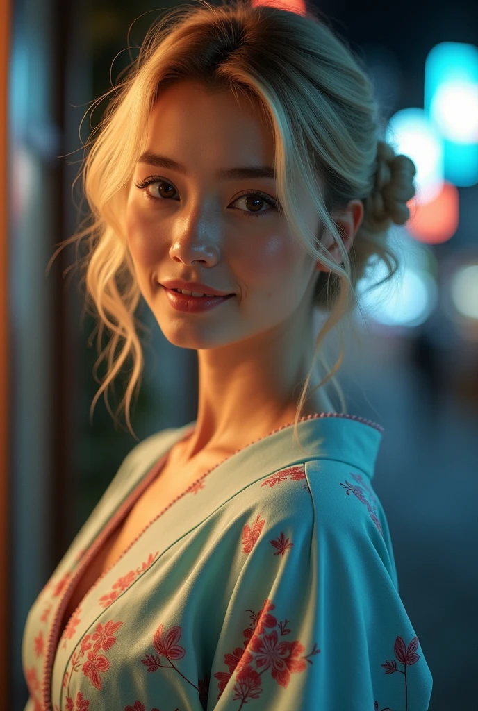 (masutepiece, Best Quality:1.4), Beautiful face, 8K, 85 mm, (light blue yukata:1.4), floral pattern pataThe upper part of the body, hカップ,Delicate girl, Solo, Night, Looking at Viewer, Upper body, Film grain, chromatic abberation, Sharp Focus, blondhair,Professional Lighting, Sophisticated, (Smile:0.4), cleavage, (Simple background, Bokeh background:1.2),wide shot,big breasts,reality,
