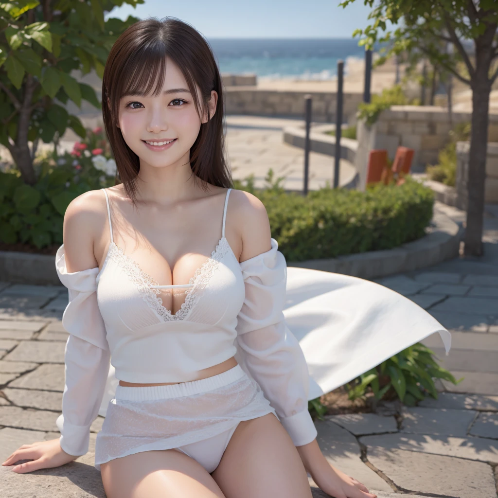 Cute Japanese model、Sitting wearing a white miniskirt and a white tube top、The skirt is flipped up in strong winds、White panties、Cleavage、High resolution, masterpiece, Accurate, Anatomically correct, number々Awards for, 最高quality, Attention to detail, High resolutionモデル, 高quality, quality, Very detailed, Textured skin, 超High resolution, Shortcuts, smile, Valletta, 8k octane, 3D Rendering, 