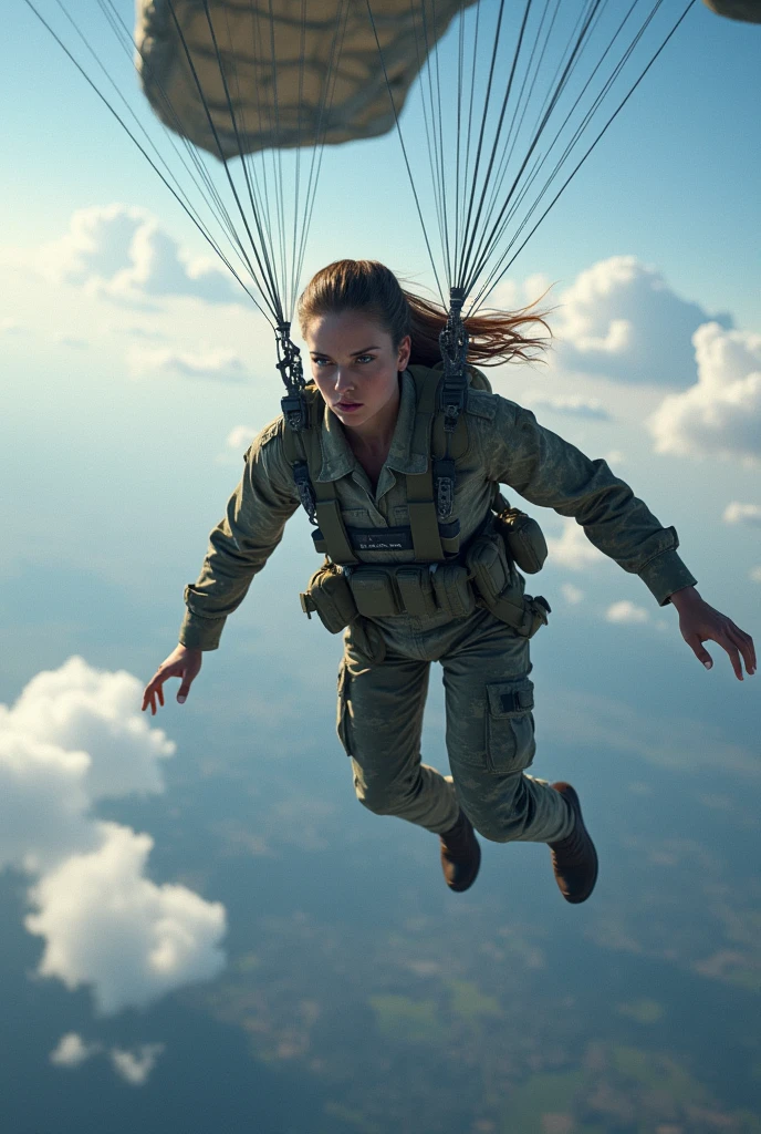 Female soldier jumping with parachute