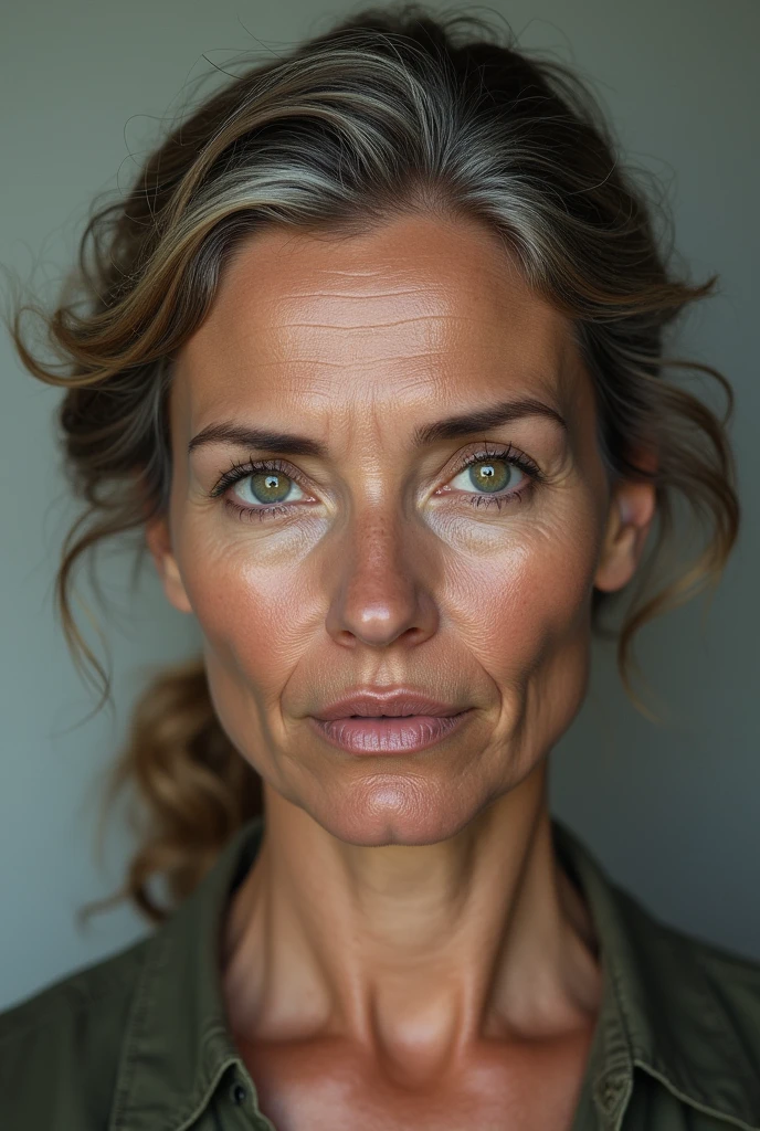 half of a woman's face with wrinkles that makes her look a little older and the other half without wrinkles, with a cleaner face