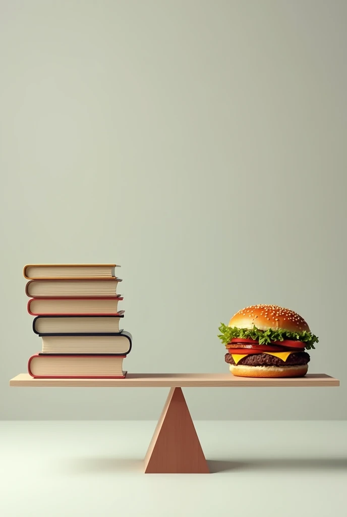 Uma balança com livros e a outro lado com hambúrguer