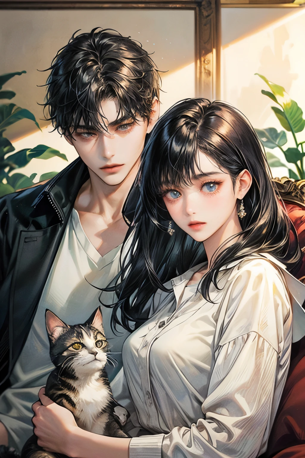 black hair, high resolution, Masterpiece, details, detailsสูง, โมเดลhigh resolution, simple background, college student couple,Play with cats, living room, black hair, long hair woman, Men with short hair
