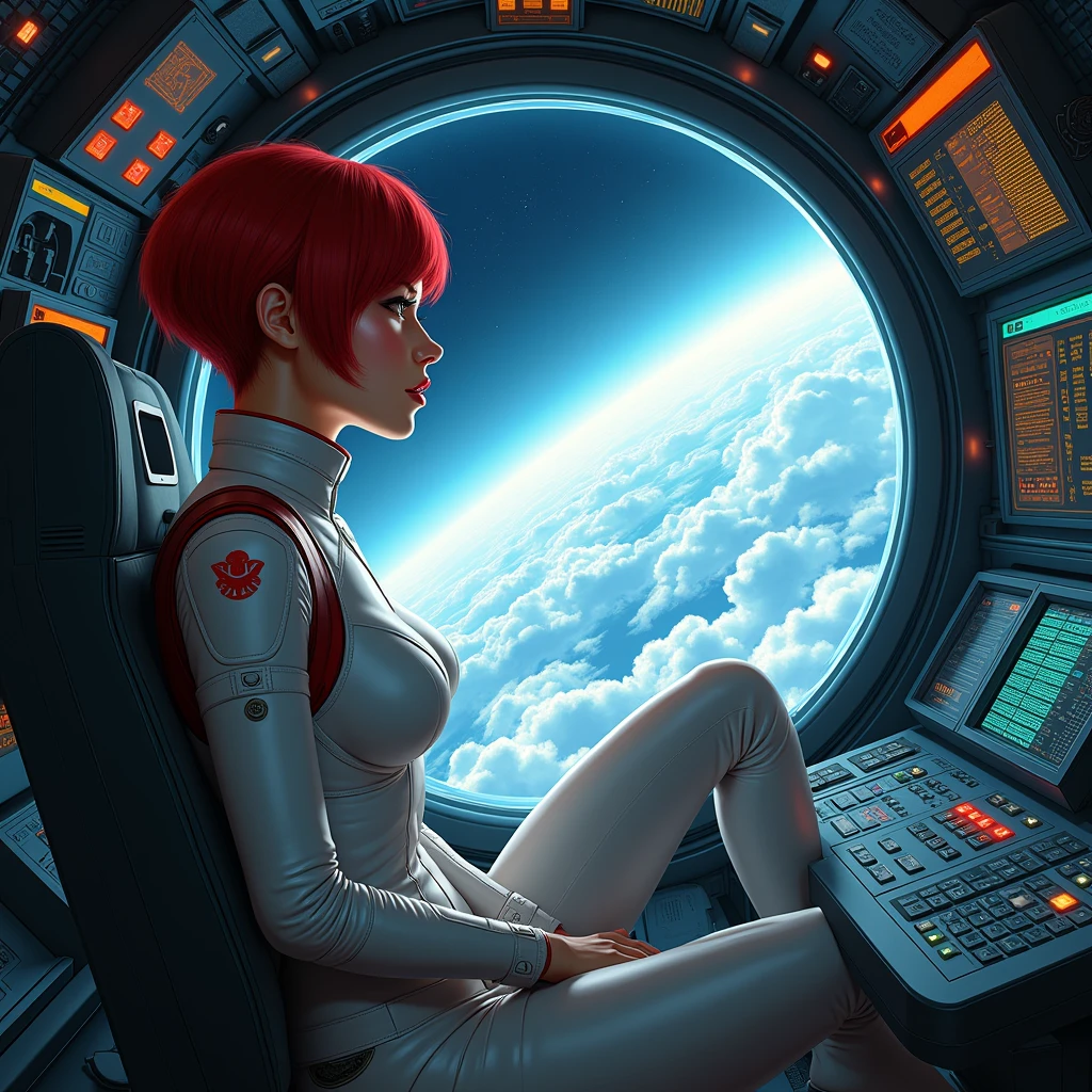 Absurd resolution, high resolution, (masterpiece: 1.4), hyper-detail, 1 young woman, huge tits, short red hair, pilot suit, rich princess, sitting in an extremely narrow and closed mecha control room looking out the window, the window is the space universe can see the blue planet (1.5),