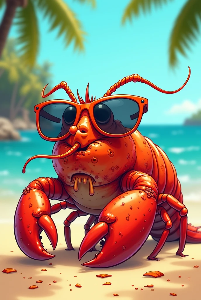 En style cartoon/ dessin animé comique.
Un homard bronzé avec des lunettes de soleil avec un coup de soleil.