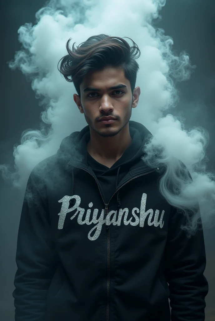 Create a 3D image of 20 year old young boy a teenager wearing a black jacket that says “Priyanshu” with smoke artistically forming a name Computer Photoshop editing frame.