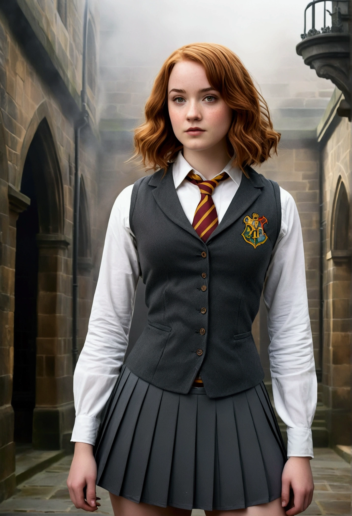 An illustrated movie poster, hand-drawn, full color, a female Hogwarts student, 18-years-old, wearing a charcoal vest and a pleated skirt, toned, amazonian stature, athletic hourglass figure, full wide hips, massive round butt, long shapely legs, ridiculously thick powerful thighs, light hazel eyes, deep dark auburn hair, short curly bob cut, flushed sun-kissed complexion, freckles, resembles Genevieve O'Reilly, standing in a foggy Hogwarts courtyard, surrounded by mist, graphite shading, stencil marks, airbrushed acrylic paint, masterpiece, in the Deathly Hallows 
