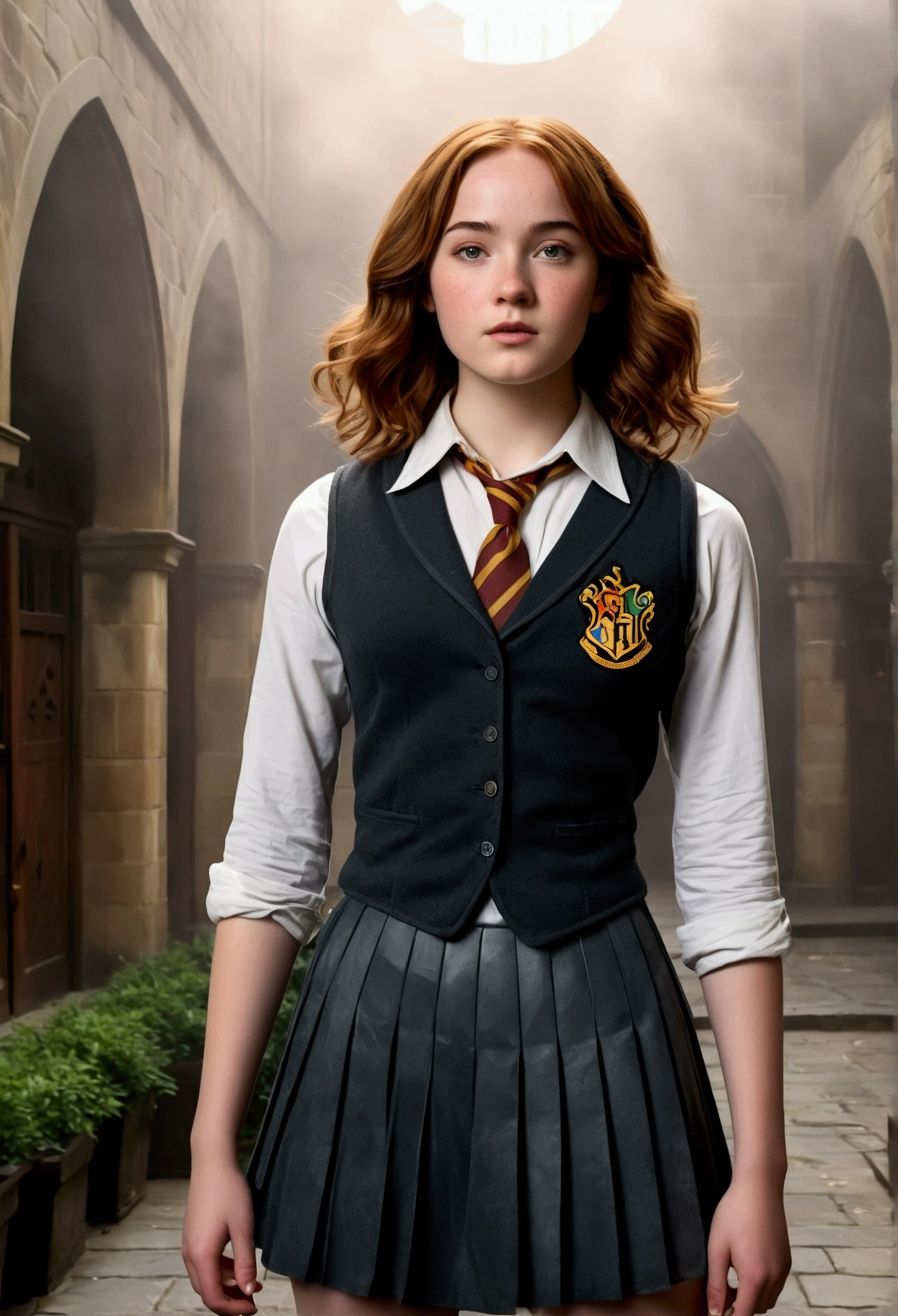 An illustrated movie poster, hand-drawn, full color, a female Hogwarts student, 18-years-old, wearing a charcoal vest and a pleated skirt, toned, amazonian stature, athletic hourglass figure, full wide hips, massive round butt, long shapely legs, ridiculously thick powerful thighs, light hazel eyes, deep dark auburn hair, short curly bob cut, flushed sun-kissed complexion, freckles, resembles Genevieve O'Reilly, standing in a foggy Hogwarts courtyard, surrounded by mist, graphite shading, stencil marks, airbrushed acrylic paint, masterpiece, in the Deathly Hallows